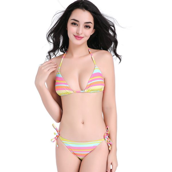 Rainbow striped tied nylon bikini swimsuit vacation hot spring BIKINI - Image 5