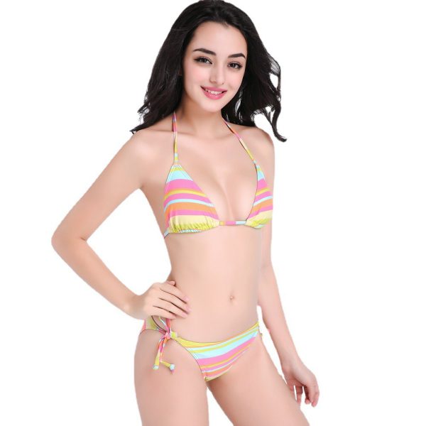 Rainbow striped tied nylon bikini swimsuit vacation hot spring BIKINI - Image 2