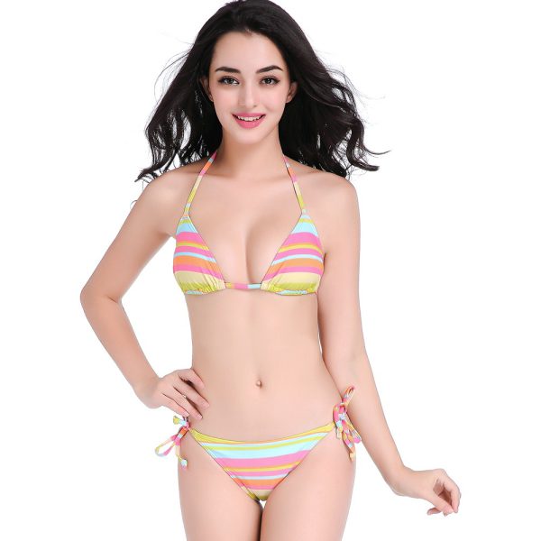 Rainbow striped tied nylon bikini swimsuit vacation hot spring BIKINI - Image 6