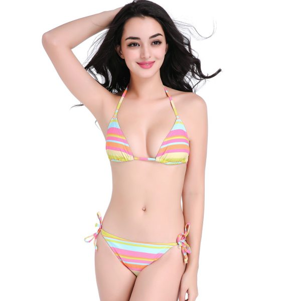 Rainbow striped tied nylon bikini swimsuit vacation hot spring BIKINI - Image 4